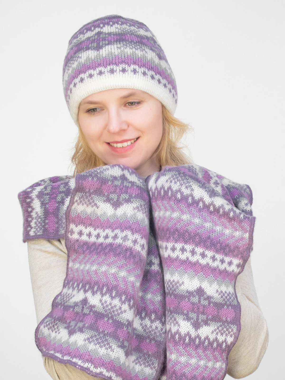 Комплект зимний женский шапка+шарф Анабель (Цвет сиреневый), размер 54-56, шерсть 50%, мохер 30%