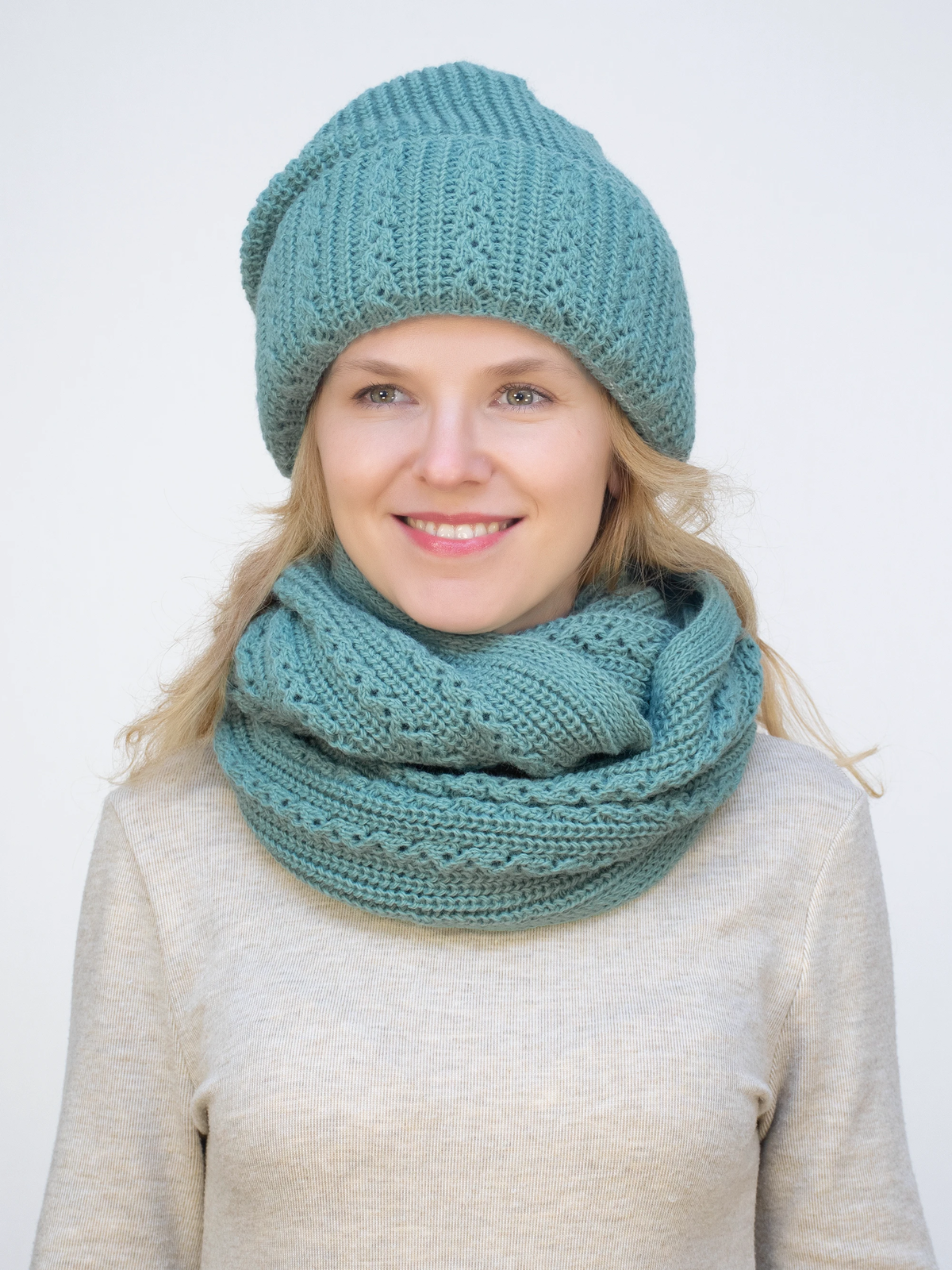 Комплект зимний женский шапка+снуд Ажур (Цвет полынь), размер 56-58, шерсть 30%