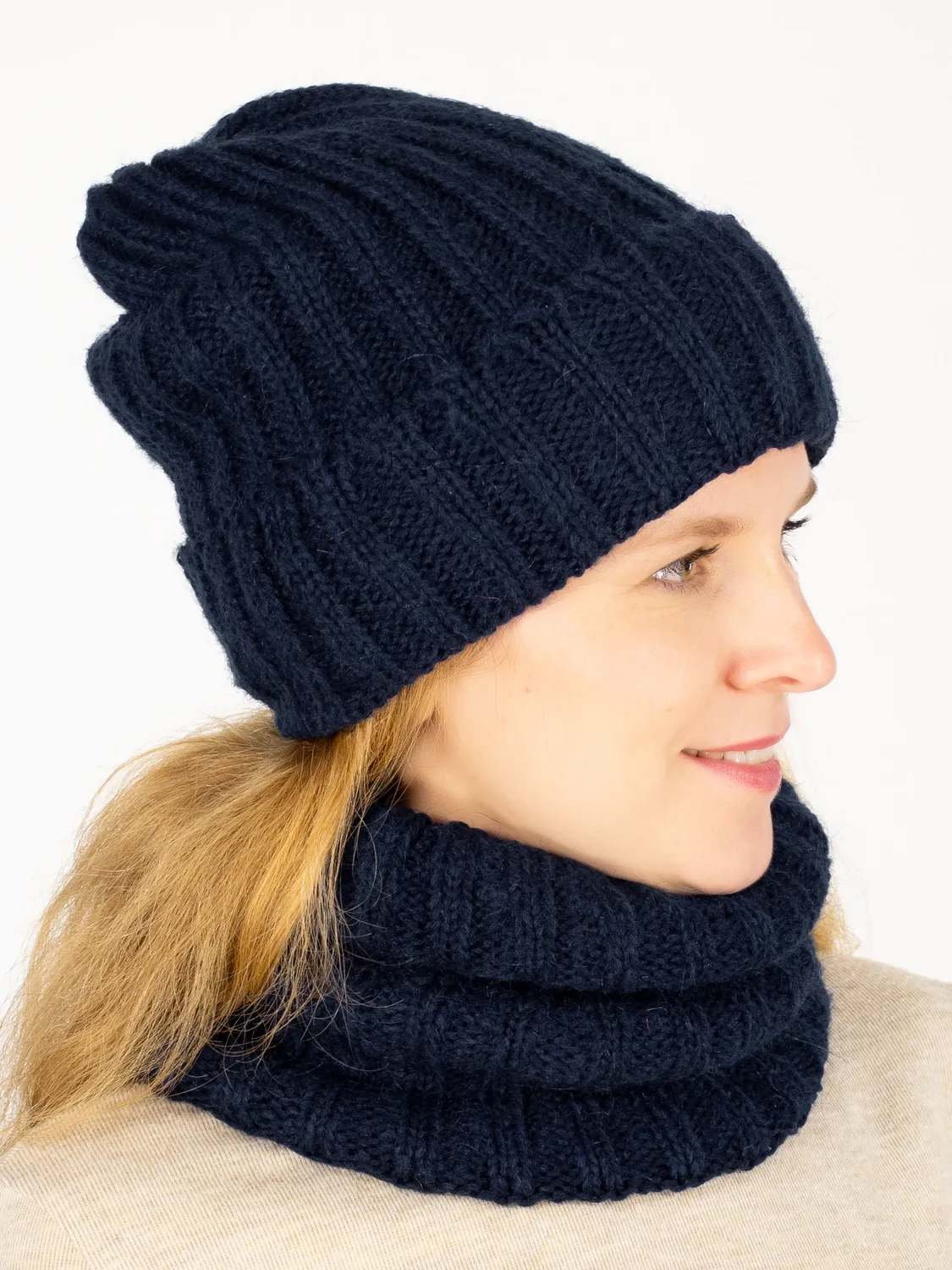 Комплект зимний женский шапка+снуд Жизель (Цвет синий), размер 56-58, шерсть 50%, мохер 30%