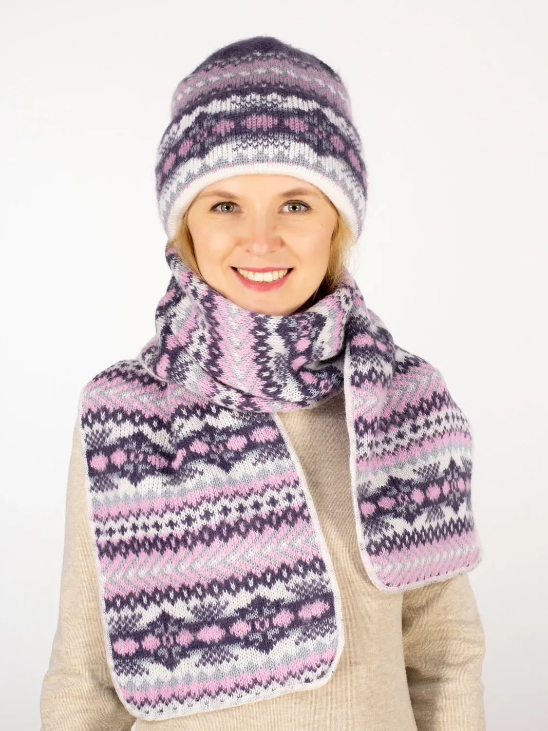 Комплект зимний женский шапка+шарф Дарья (Цвет фиолетовый), размер 56-58, шерсть 50%, мохер 30%