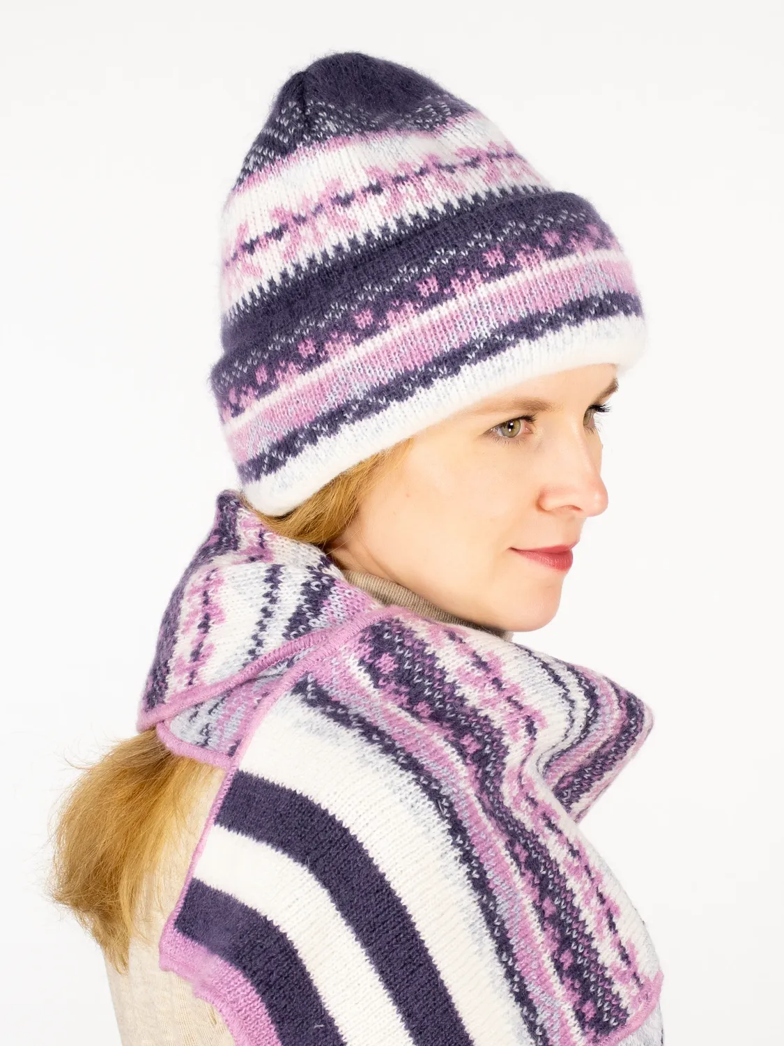 Комплект зимний женский шапка+шарф Дарина (Цвет фиолетовый), размер 56-58, шерсть 50%, мохер 30%