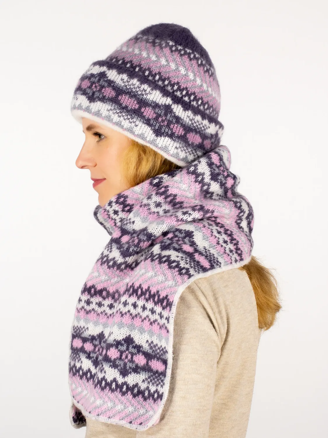 Комплект зимний женский шапка+шарф Дарья (Цвет фиолетовый), размер 56-58, шерсть 50%, мохер 30%