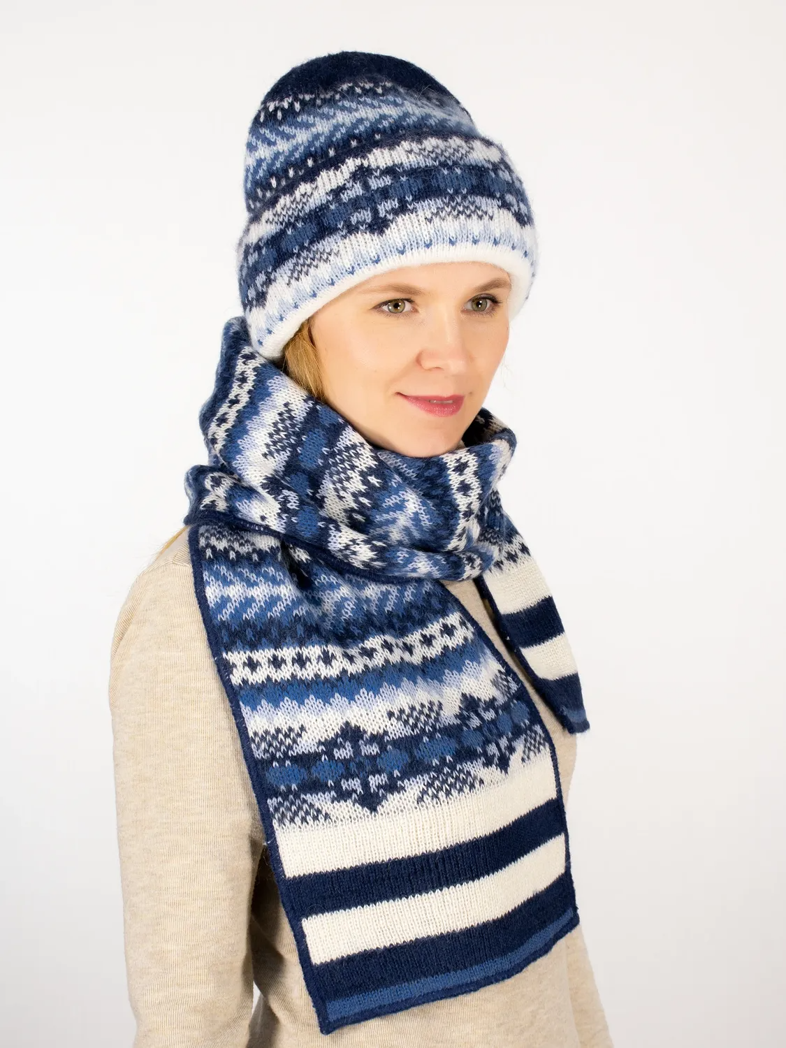 Комплект зимний женский шапка+шарф Дарья (Цвет синий), размер 56-58, шерсть 50%, мохер 30%