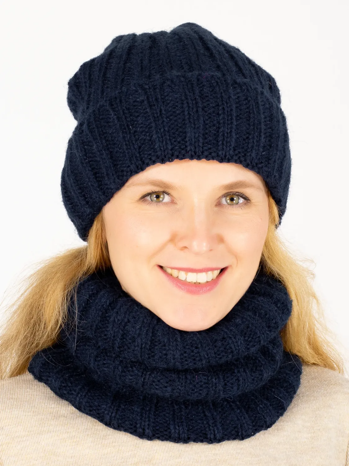 Комплект зимний женский шапка+снуд Жизель (Цвет синий), размер 56-58, шерсть 50%, мохер 30%