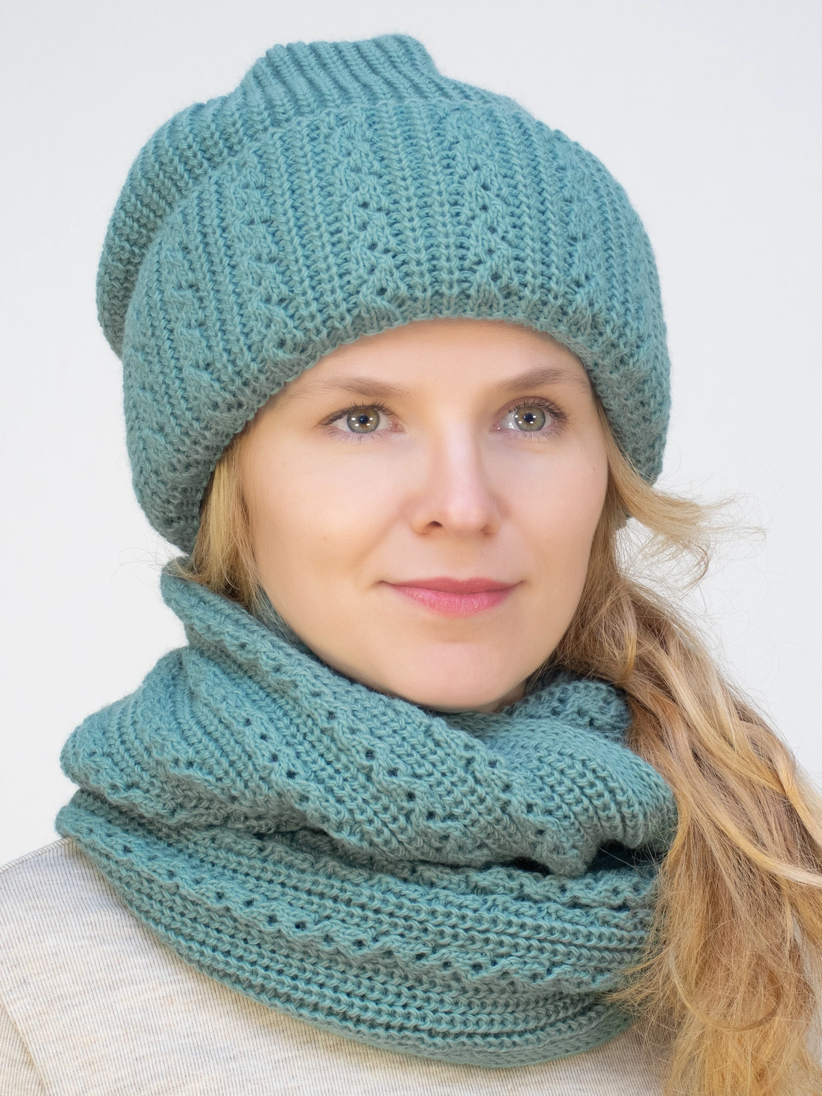 Комплект зимний женский шапка+снуд Ажур (Цвет полынь), размер 56-58, шерсть 30%