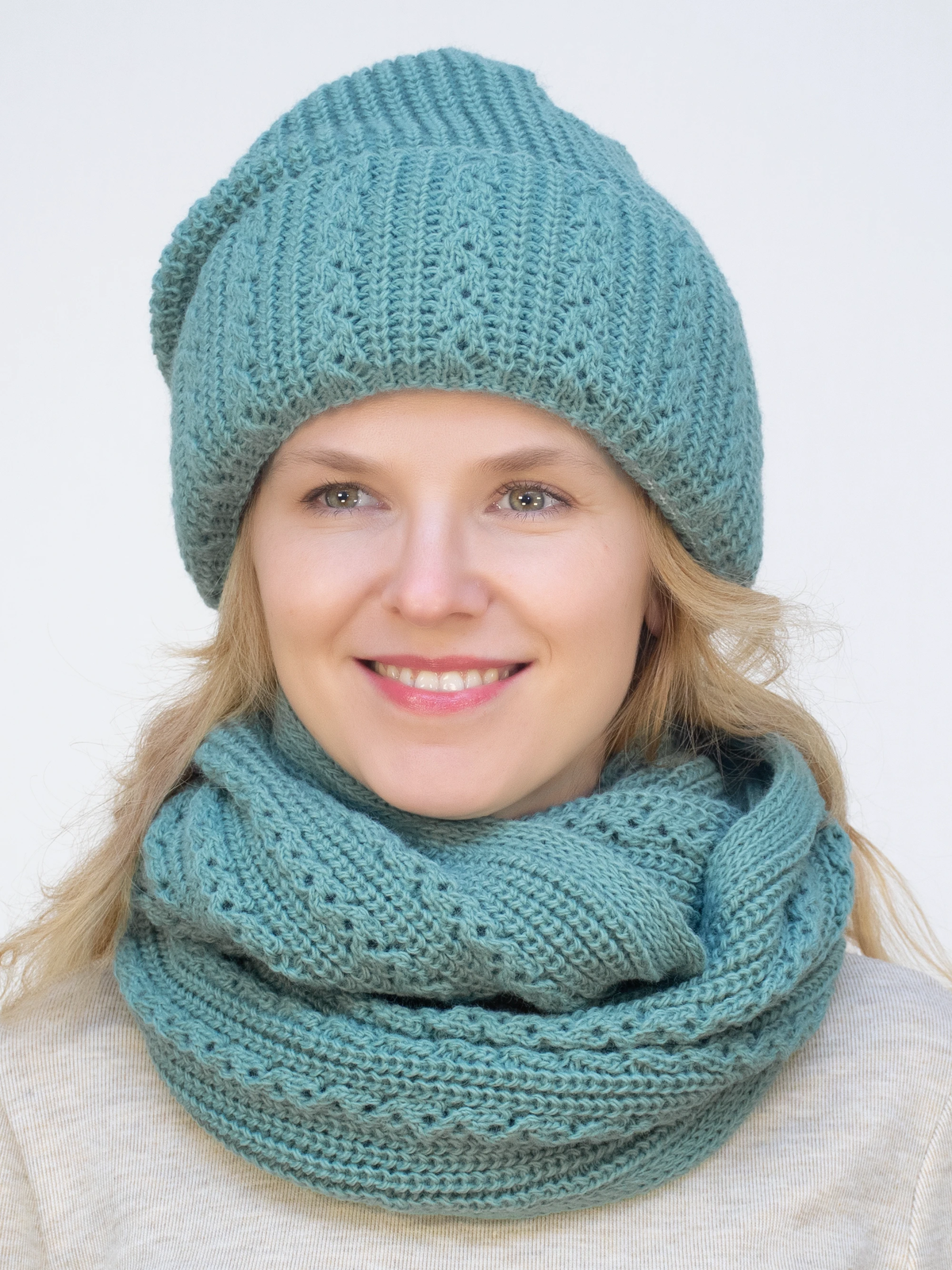 Комплект зимний женский шапка+снуд Ажур (Цвет полынь), размер 56-58, шерсть 30%