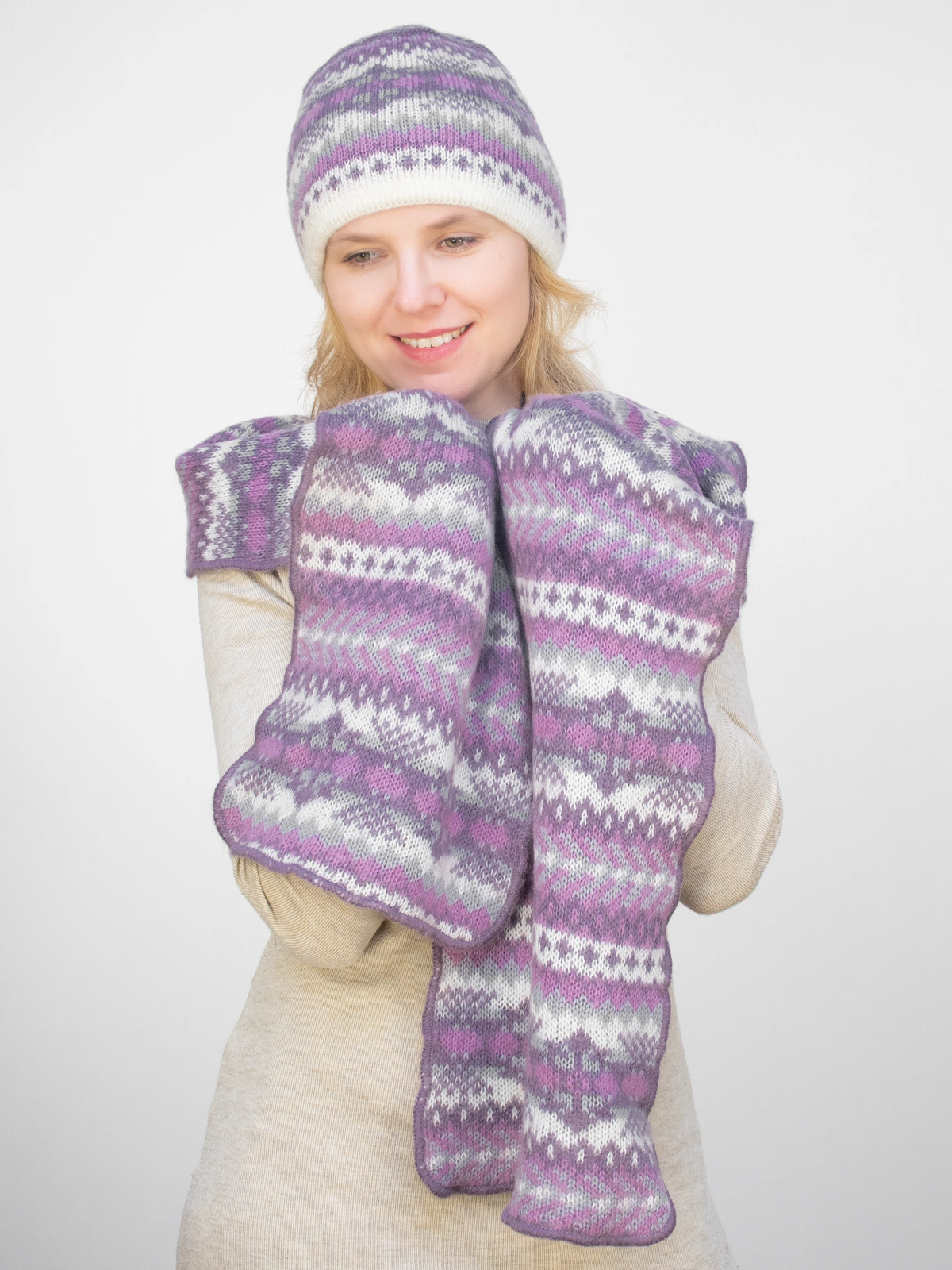 Комплект зимний женский шапка+шарф Анабель (Цвет сиреневый), размер 54-56, шерсть 50%, мохер 30%