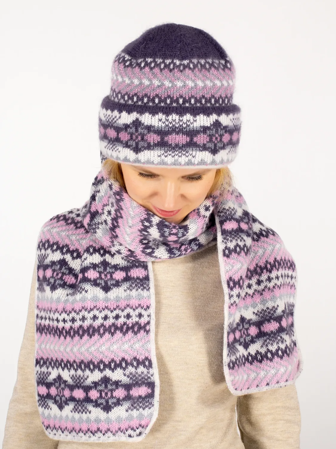 Комплект зимний женский шапка+шарф Дарья (Цвет фиолетовый), размер 56-58, шерсть 50%, мохер 30%