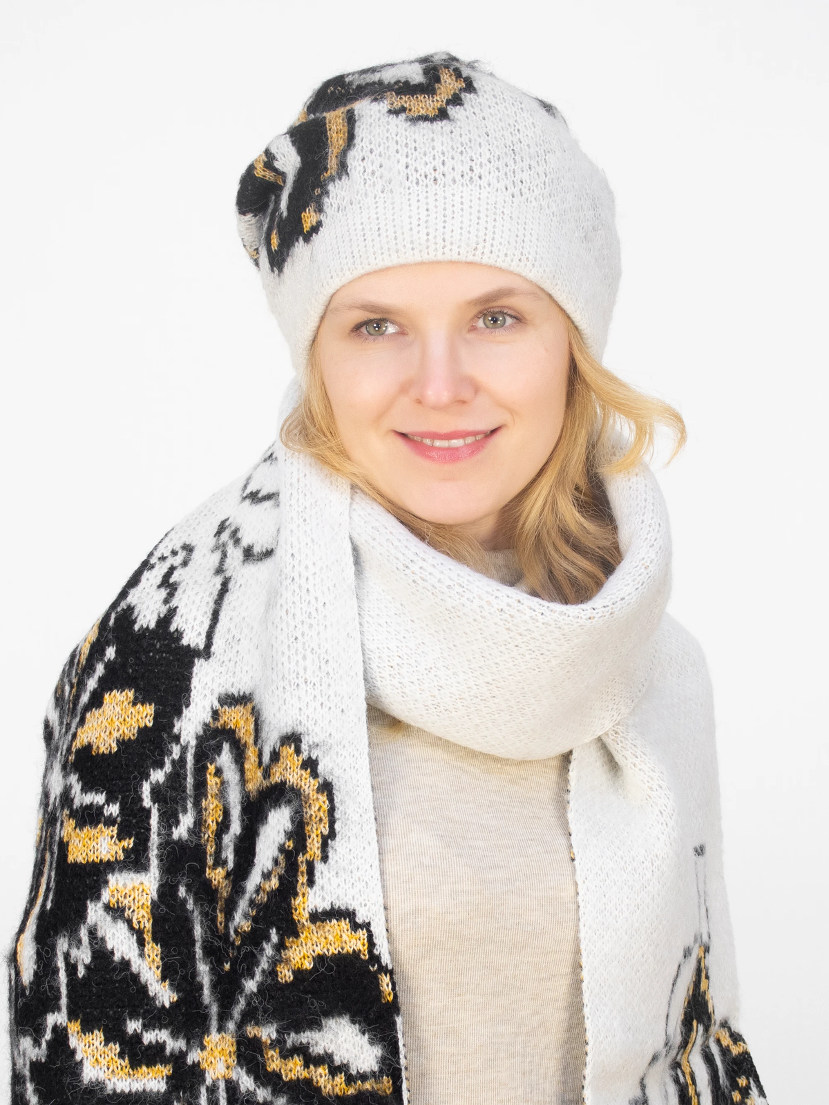 Комплект зимний женский шапка+шарф Камилла (Цвет белый), размер 52-54, шерсть 80%