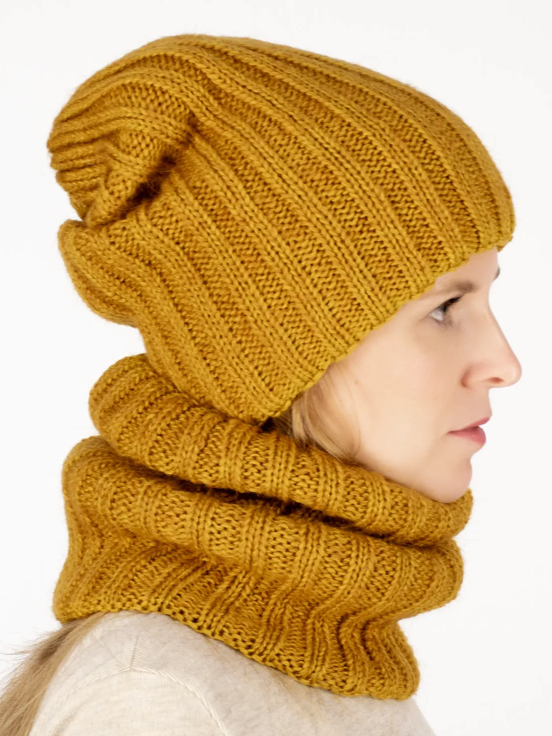Комплект зимний женский шапка+снуд Жасмин (Цвет охра), размер 56-58, шерсть 50%, мохер 30%