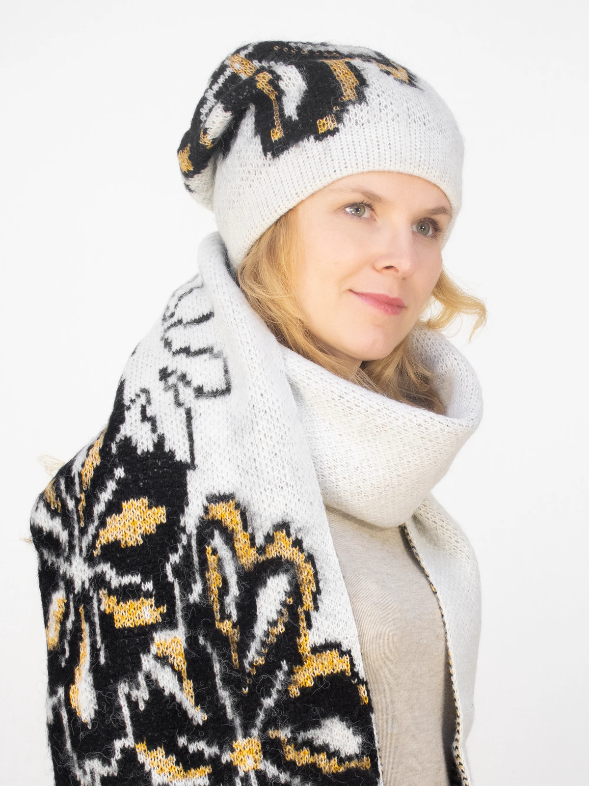 Комплект зимний женский шапка+шарф Камилла (Цвет белый), размер 52-54, шерсть 80%