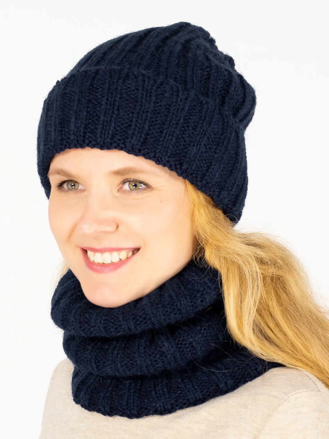 Комплект зимний женский шапка+снуд Жизель (Цвет синий), размер 56-58, шерсть 50%, мохер 30%