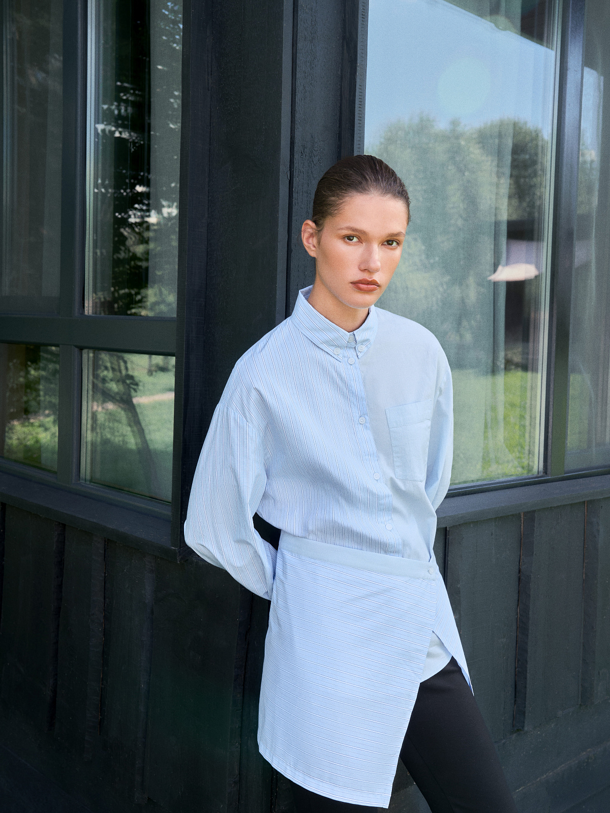 Рубашка колор-блок с баской 0213, светло-голубой