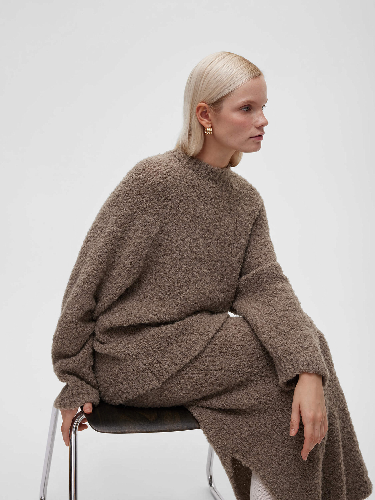 Джемпер удлиненный букле из альпаки и шерсти, бежевый