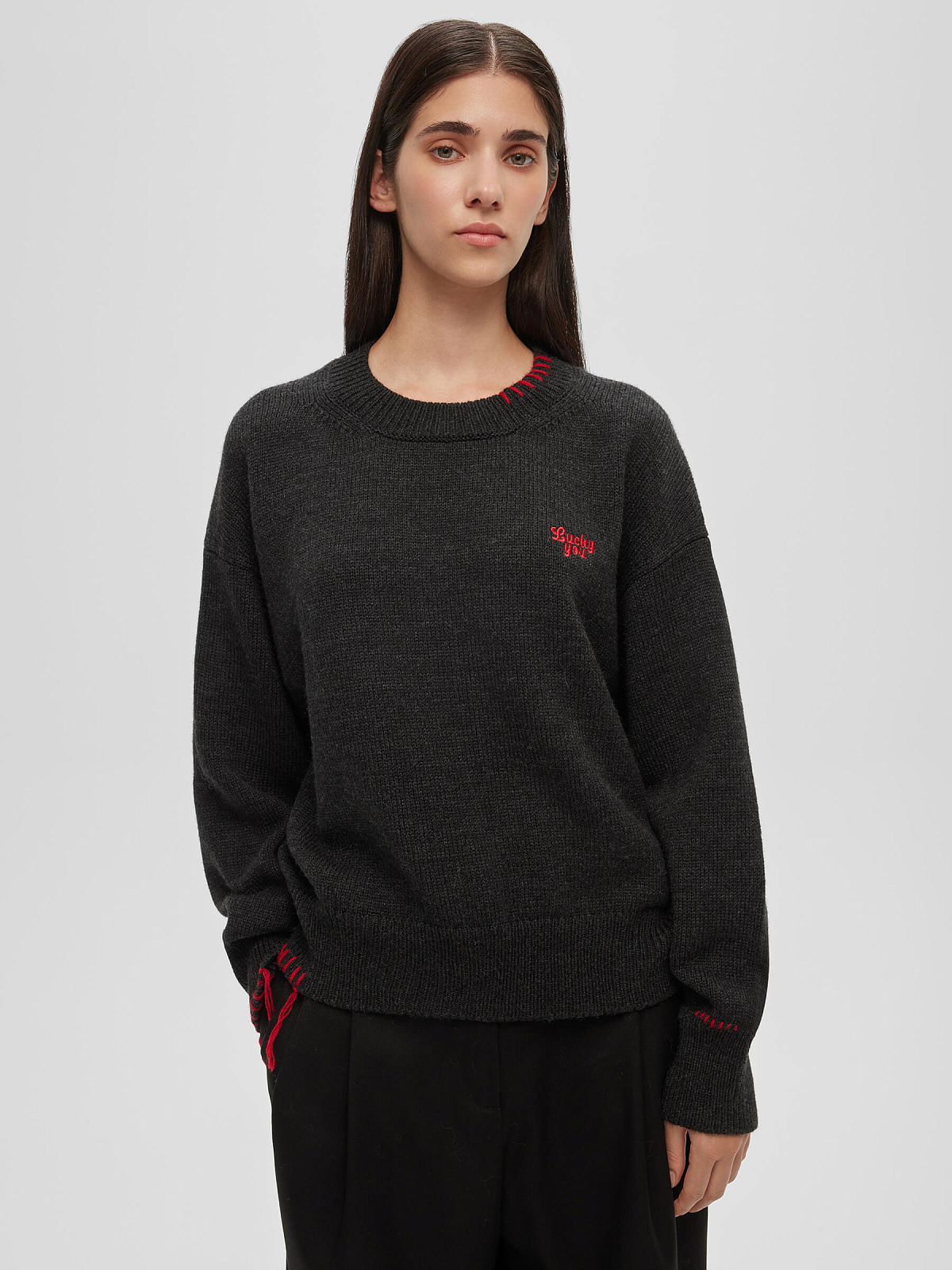 Джемпер свободного кроя с вышивкой Lucky you, антрацит