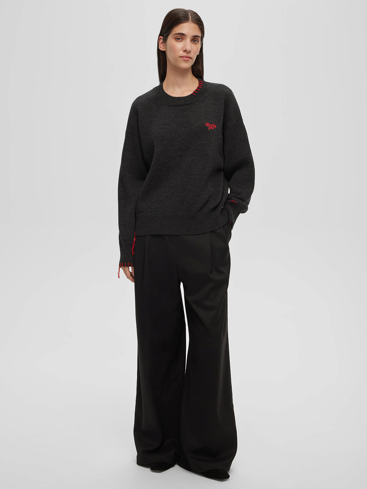 Джемпер свободного кроя с вышивкой Lucky you, антрацит