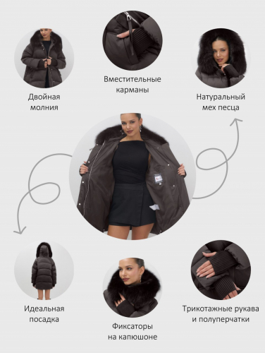 Куртка зимняя женская с мехом и капюшоном тренд темно-коричневого цвета 7737TK