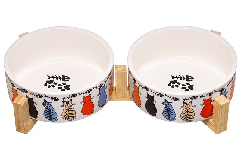 Набор 2 мисок для домашних питомцев 450 мл 28*14,5*6,5 см, с бамбуковой подставкой