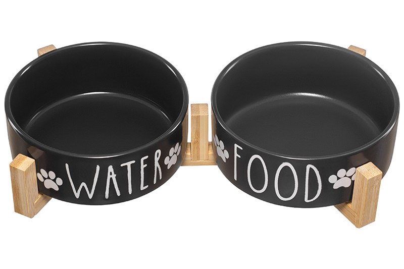Набор 2 мисок для домашних питомцев 450 мл 28*14,5*6,5 см, с бамбуковой подставкой, темно-серая