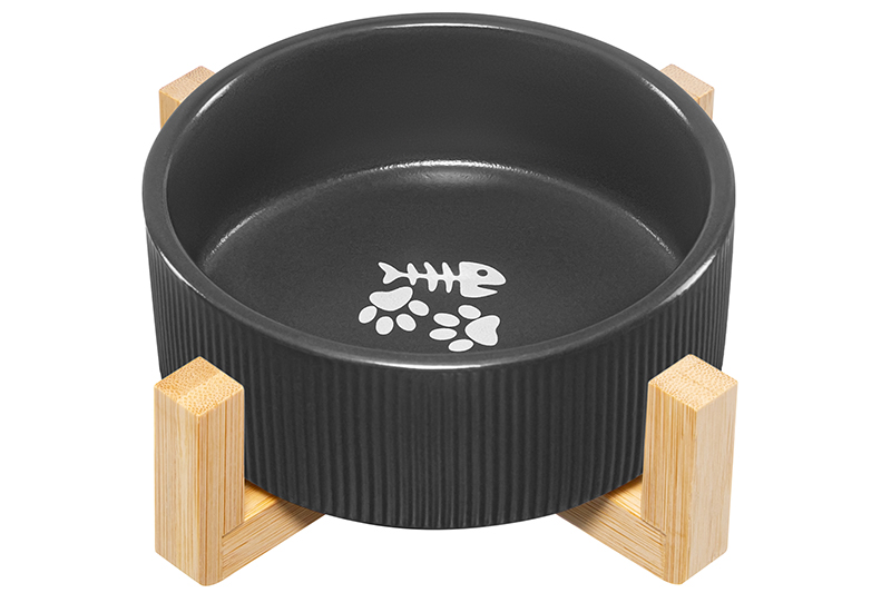 Миска для домашних питомцев 300 мл 12,5*12,5*6 см, с бамбуковой подставкой, темно-серая