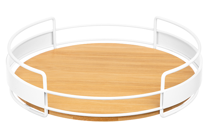 Поднос 27*27*6,5 см с металлическими ручками, круглый, бамбук