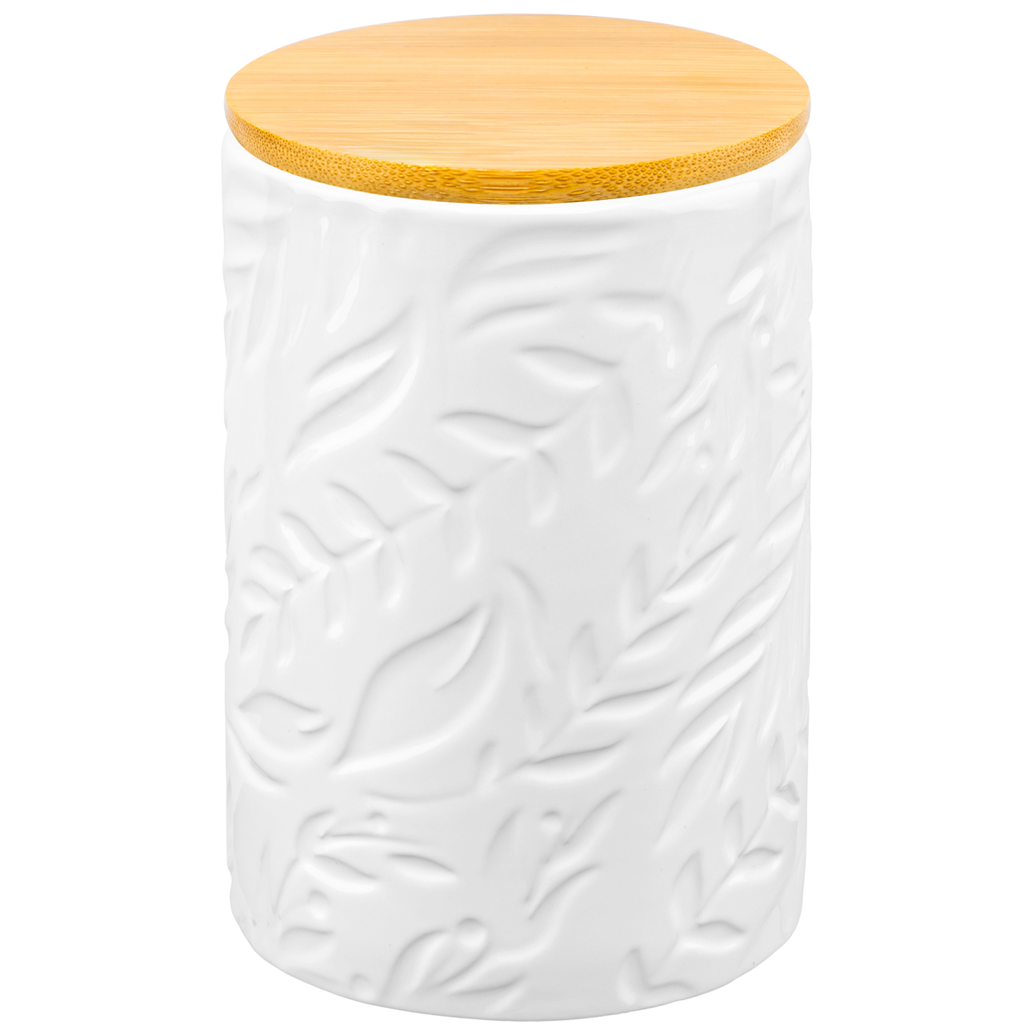 БЫЛО 562 руб! Банка д/хранения 750 мл 10*10*15 см с бамбуковой крышкой с сил. упл. белая