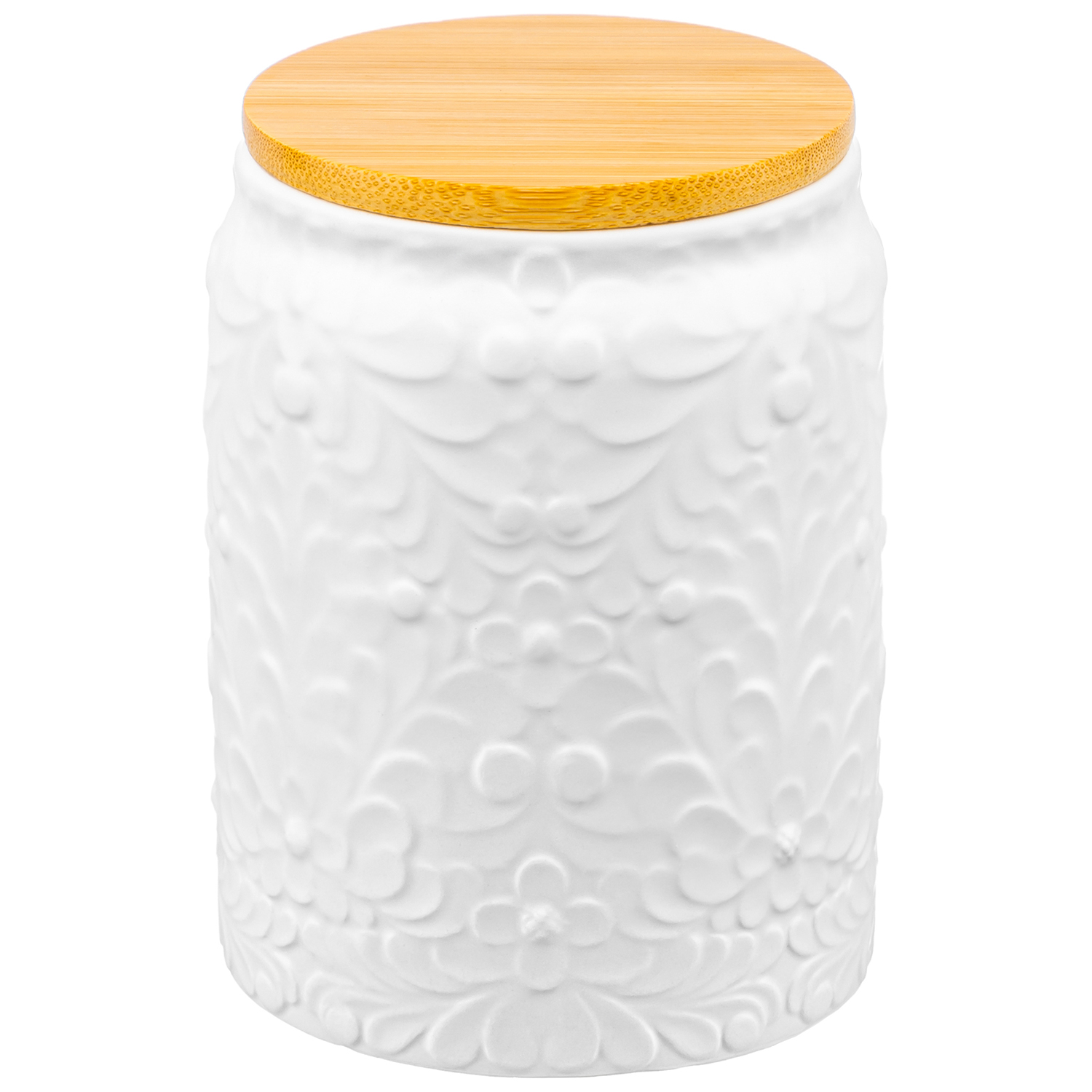 БЫЛО 703 руб! Банка д/хранения 1,1 л 12*12*16,4 см с бамбуковой крышкой с сил. упл. белая матовая