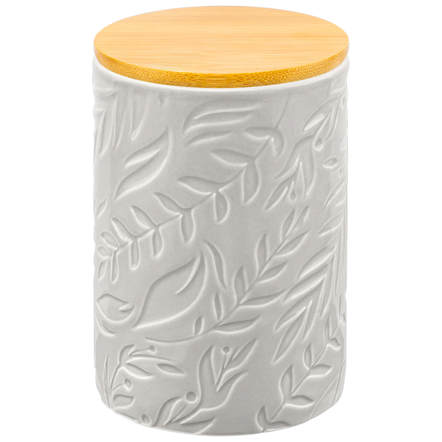 БЫЛО 562 руб! Банка д/хранения 750 мл 10*10*15 см с бамбуковой крышкой с сил. упл. светло-серая