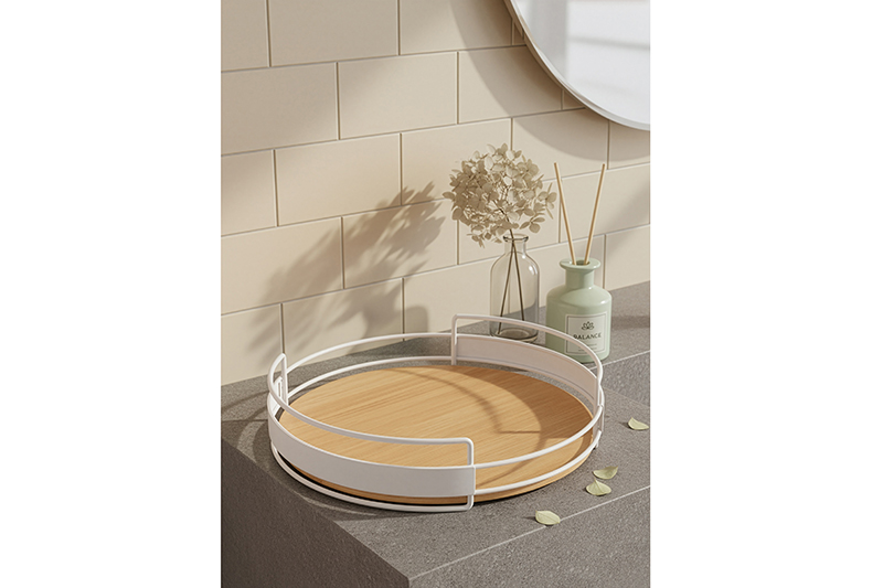 Поднос 27*27*6,5 см с металлическими ручками, круглый, бамбук