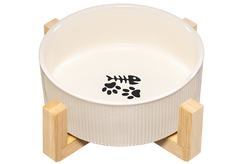 Миска для домашних питомцев 300 мл 12,5*12,5*6 см, с бамбуковой подставкой, молочная
