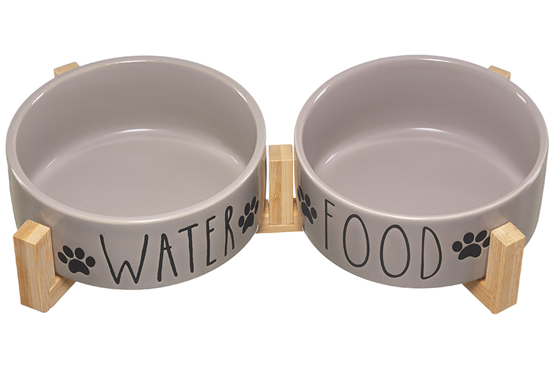 Набор 2 мисок для домашних питомцев 450 мл 28*14,5*6,5 см, с бамбуковой подставкой, серая