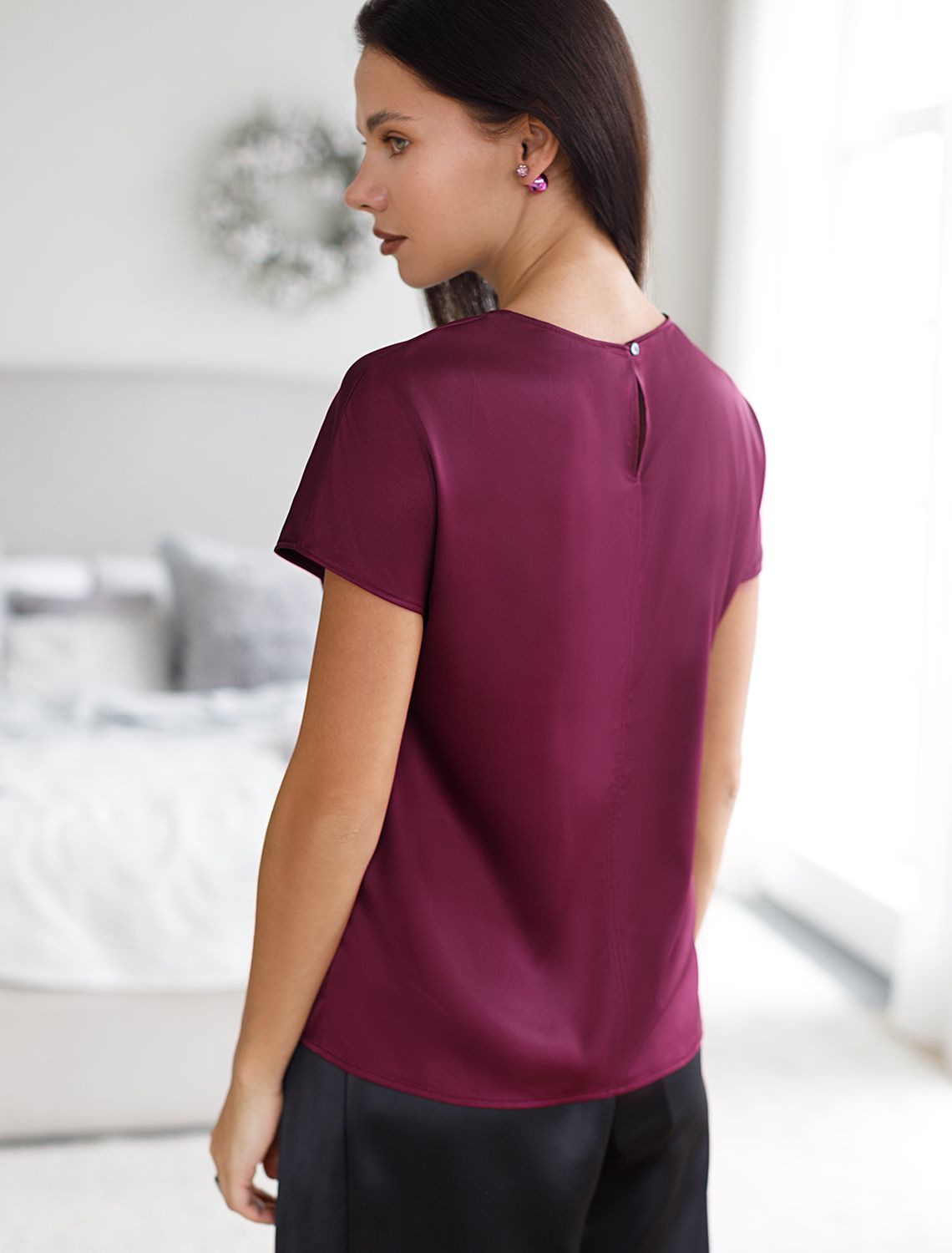 Блузка из сатина с коротким рукавом D29.276 винный