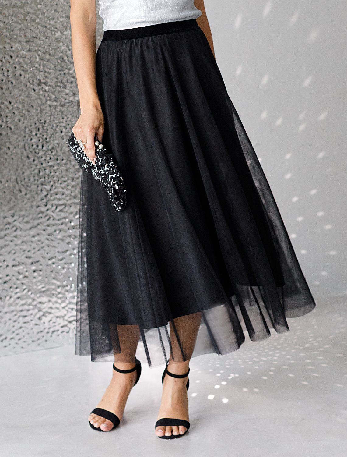 Юбка миди вечерняя на резинке из матового сатина с мягкой сеткой