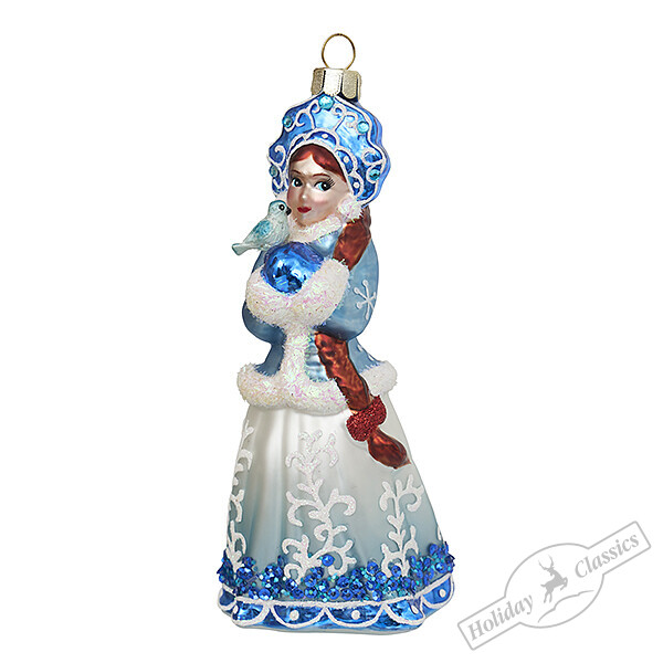 Снегурочка в русском кокошнике голубая (стекло) 6,5х6,5х14 см