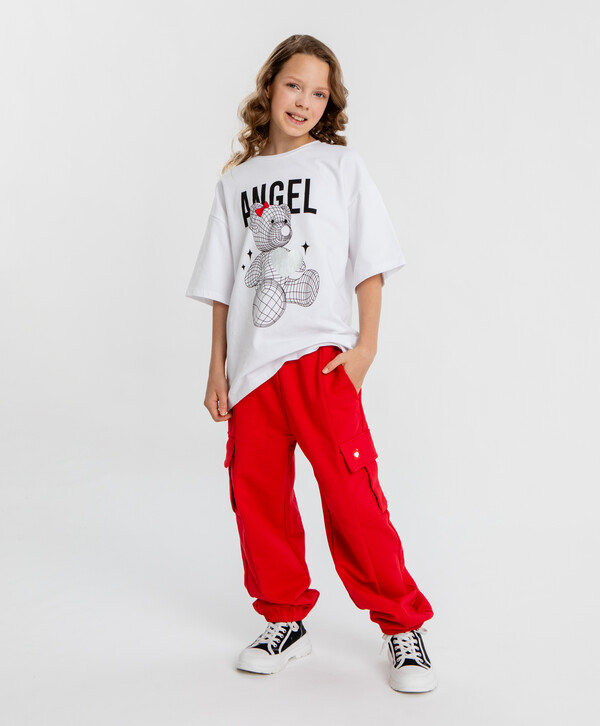 1680 р.  2100 р.  Джоггеры карго с поясом на резинке красные для девочки Button Blue