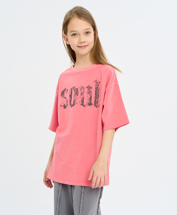 715 р. 1100 р. Футболка с коротким рукавом для девочки коралловая с принтом Button Blue