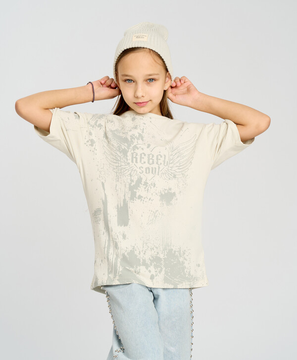 780 р. 1200 р. Футболка с коротким рукавом для девочки белая оверсайз с принтом Button Blue