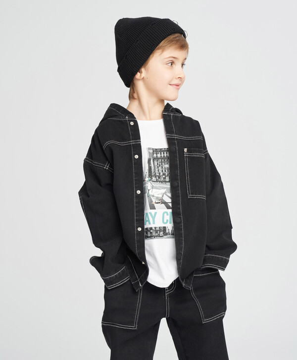 1625 р. 2500 р. Куртка джинсовая оверсайз на кнопках детская черная с капюшоном Button Blue