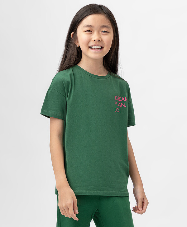 270 р. 540 р. Футболка хлопковая со спущенным рукавом и принтом зеленая Button Blue