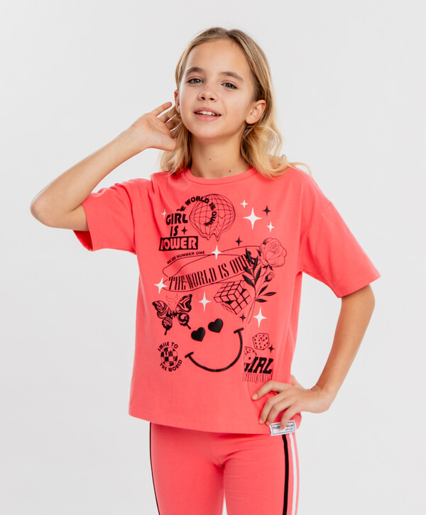 715 р. 1100 р. Футболка оверсайз с принтом розовая для девочки Button Blue