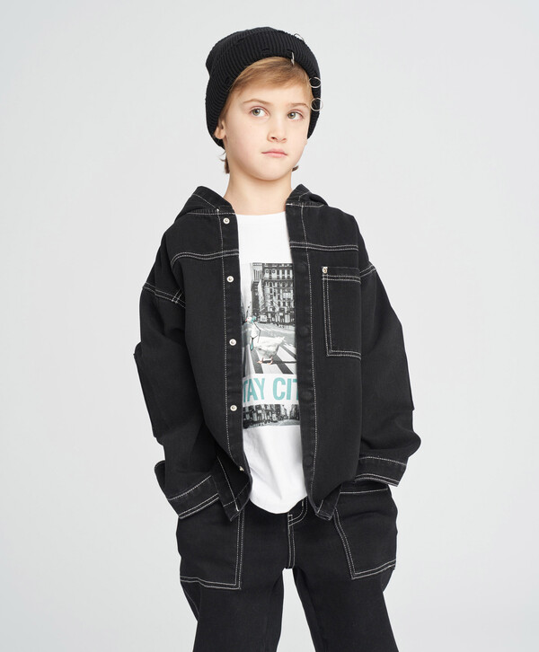 1625 р. 2500 р. Куртка джинсовая оверсайз на кнопках детская черная с капюшоном Button Blue