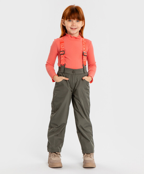 2000 р.  2500 р.  Брюки утепленные демисезонные со спинкой, съемными подтяжками непромокаемые хаки для девочки Button Blue