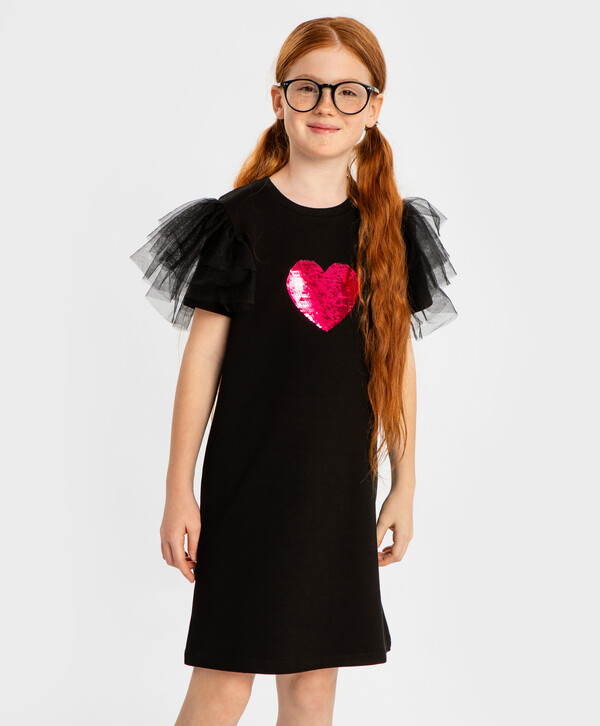 1015 р. 1450 р. Платье оверсайз с короткими рукавами-бабочками и пайетками черное для девочки Button Blue