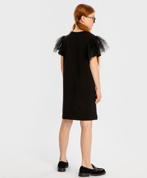 1015 р. 1450 р. Платье оверсайз с короткими рукавами-бабочками и пайетками черное для девочки Button Blue