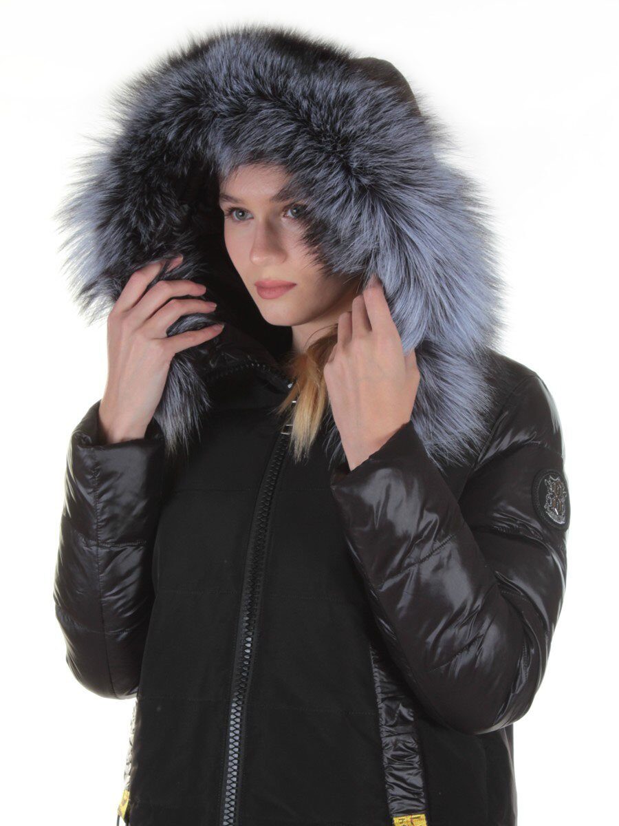 8186 BLACK Пальто женское с натуральным мехом Jarius (200 гр. холлофайбер)