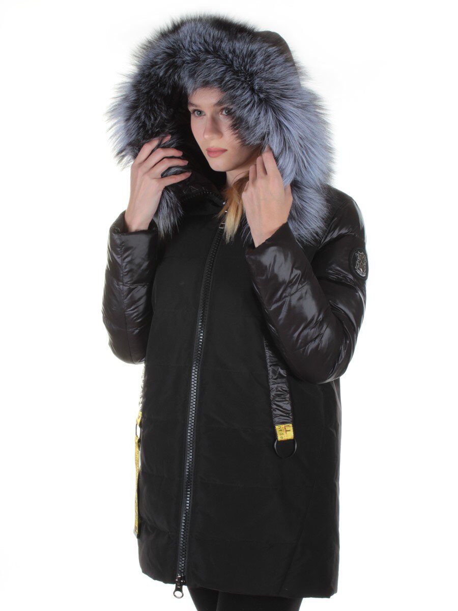 8186 BLACK Пальто женское с натуральным мехом Jarius (200 гр. холлофайбер)