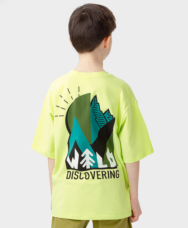 640 р.  800 р.  Футболка оверсайз хлопковая с коротким рукавом и карманом салатовая для мальчика Button Blue