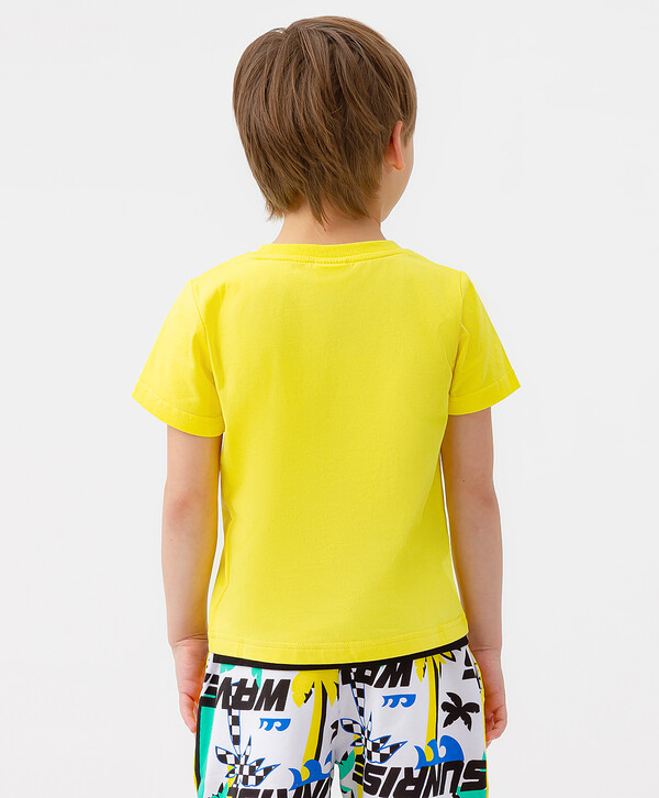 600 р.  750 р.  Футболка из хлопка с контрастным текстовым принтом и имитацией многослойности желтая для мальчика Button Blue