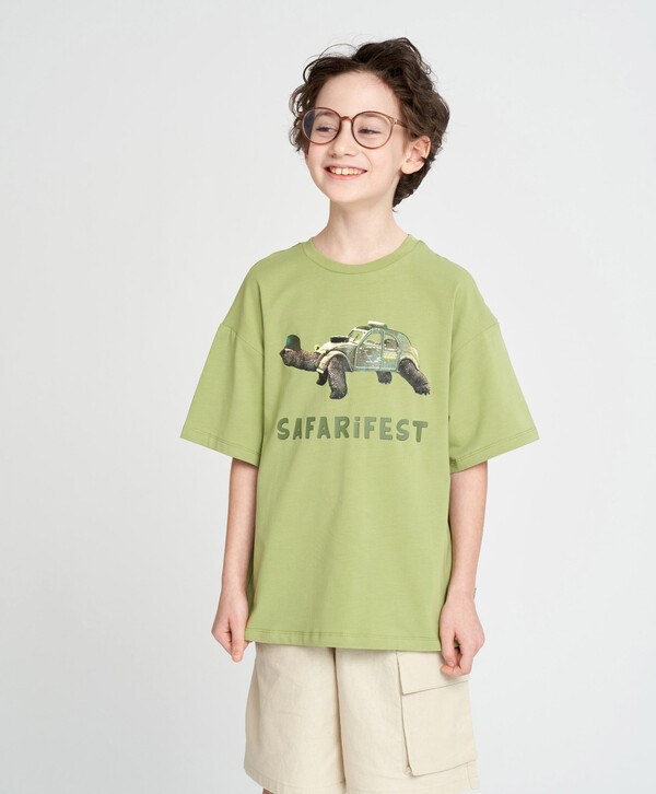 805 р.  1150 р.  Футболка с коротким рукавом для мальчика оверсайз зеленая с принтом Button Blue