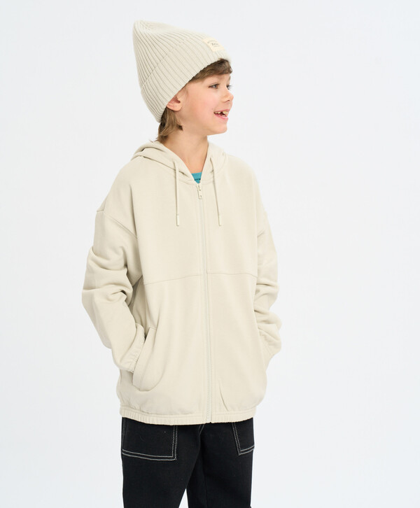 1680 р.  2400 р.  Зип худи детское серое с капюшоном и принтом Button Blue